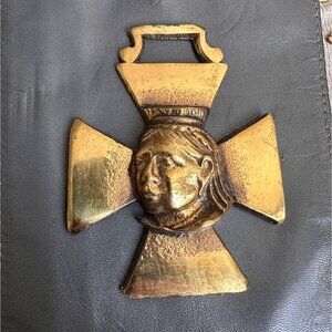 Antique Brass Cross Medal Maltese With Womans Face Relief bridle